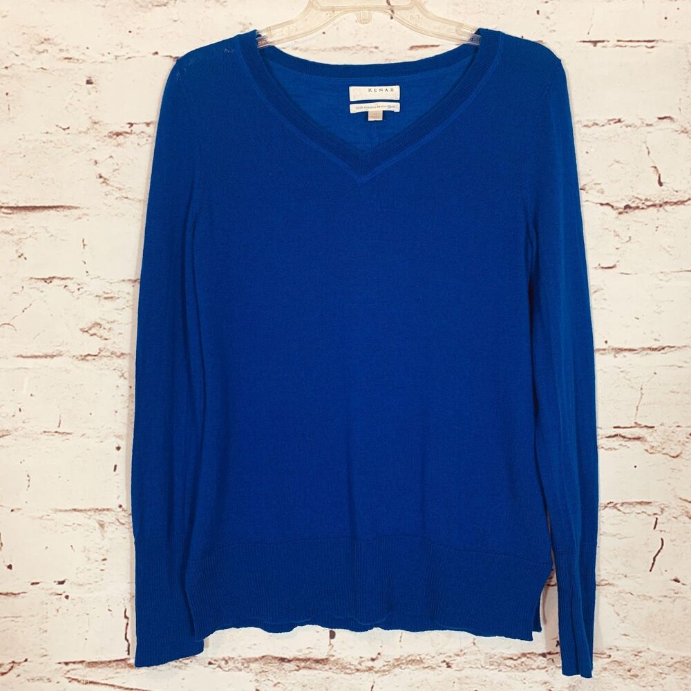 Kenar Royal Blue 100% Extrafine Merino Wool V-Neck Sweater Women’s Medium Chic